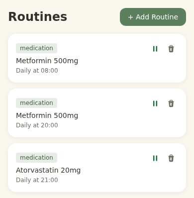 The app's routines screen on a phone: each medication saved as its own routine, with its dose and the time of day it is due.